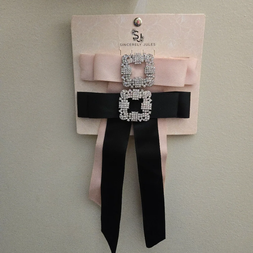 Sincerely Jules Rhinestone Buckle Satin Bow Barrettes Black & Ballet Baby Pink